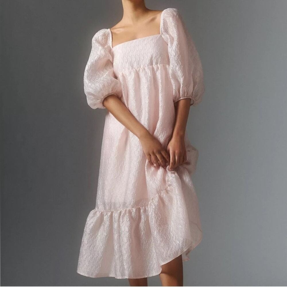 Anthropologie Textured Pink Puff Sleeve Dress Size XS